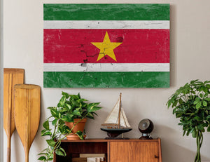 Bella Frye Suriname Flag Wall Art - Vintage Suriname Flag Sign Weathered Wood Style on Canvas