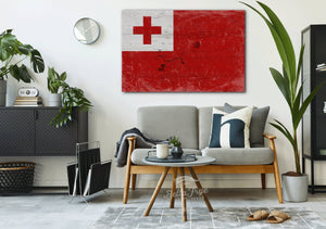 Bella Frye Tonga Flag Wall Art - Vintage Tonga Flag Sign Weathered Wood Style on Canvas