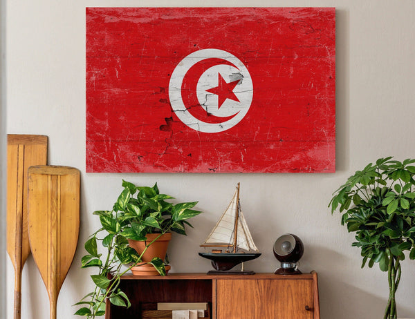 Bella Frye Tunisia Flag Wall Art - Vintage Tunisia Flag Sign Weathered Wood Style on Canvas