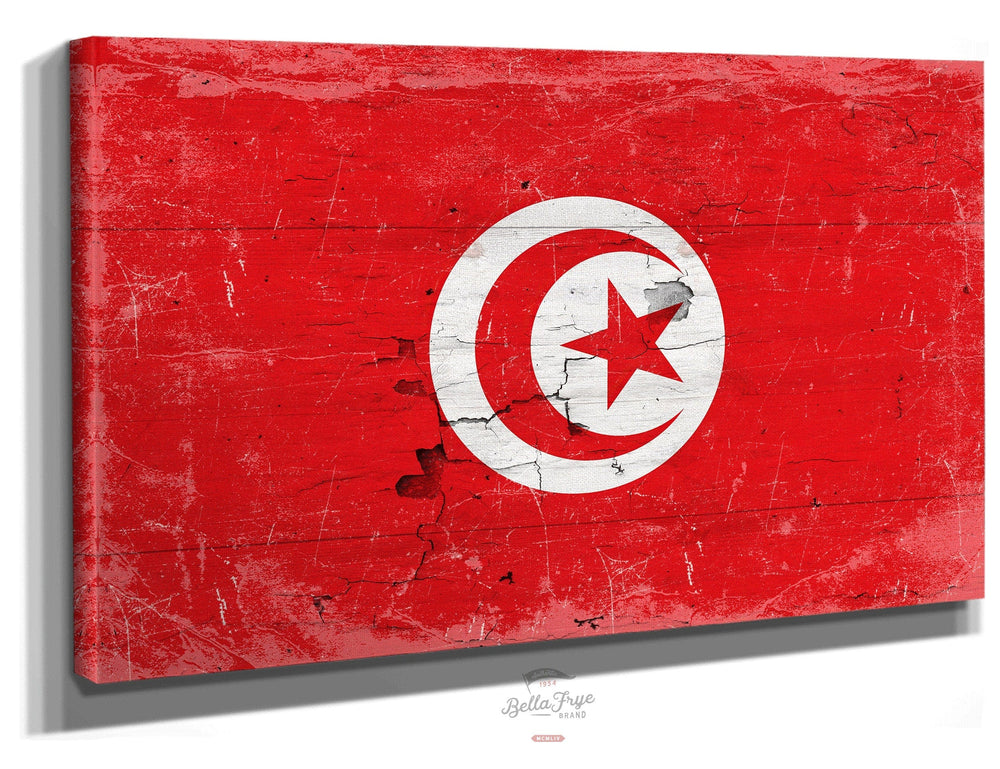 Bella Frye Tunisia Flag Wall Art - Vintage Tunisia Flag Sign Weathered Wood Style on Canvas