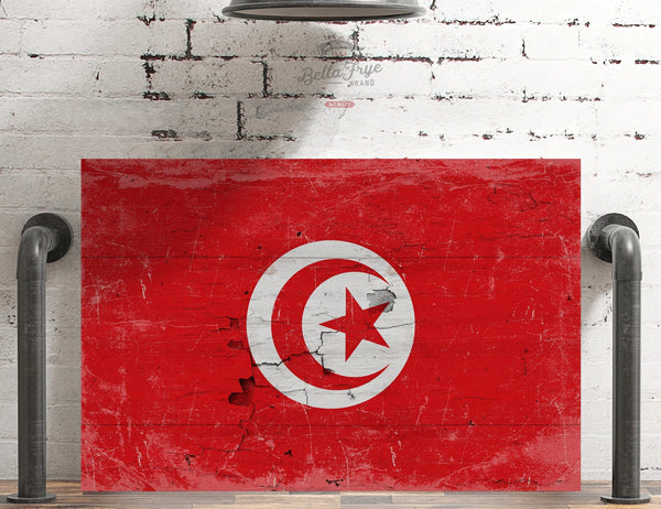 Bella Frye Tunisia Flag Wall Art - Vintage Tunisia Flag Sign Weathered Wood Style on Canvas