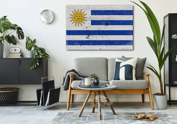 Bella Frye Uruguay Flag Wall Art - Vintage Uruguay Flag Sign Weathered Wood Style on Canvas