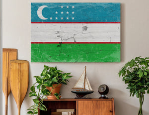 Bella Frye Uzbekistan Flag Wall Art - Vintage Uzbekistan Flag Sign Weathered Wood Style on Canvas