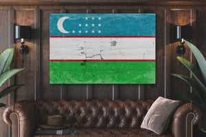 Bella Frye Uzbekistan Flag Wall Art - Vintage Uzbekistan Flag Sign Weathered Wood Style on Canvas