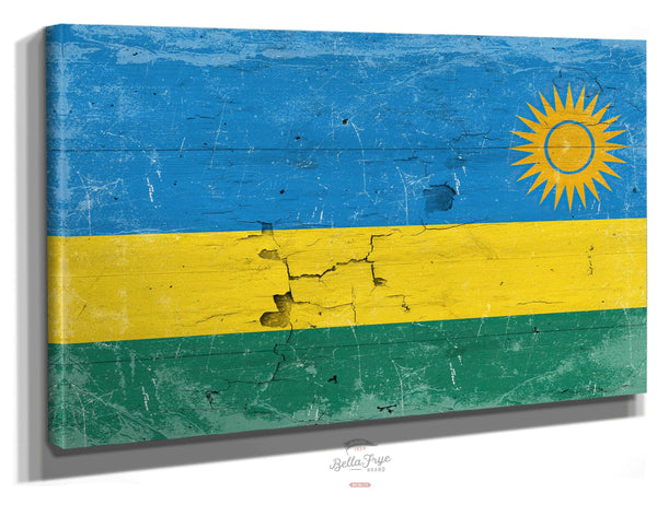 Bella Frye Rwanda Flag Wall Art - Vintage Rwanda Flag Sign Weathered Wood Style on Canvas