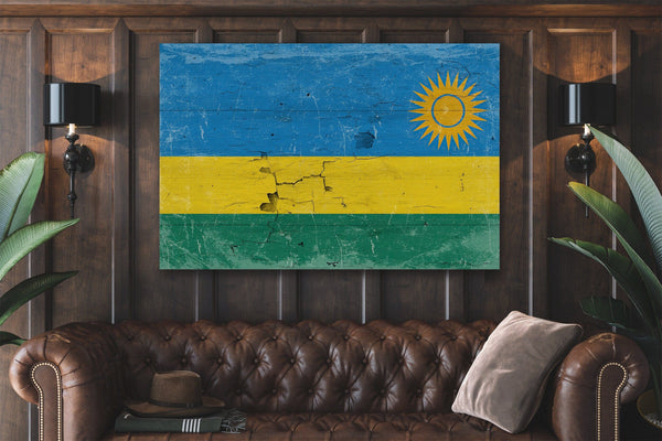 Bella Frye Rwanda Flag Wall Art - Vintage Rwanda Flag Sign Weathered Wood Style on Canvas