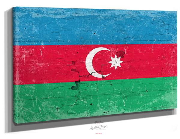 Bella Frye 14" x 11" / Stretched Canvas Wrap Azerbaijan Flag Wall Art - Vintage Azerbaijan Flag Sign Weathered Wood Style on Canvas