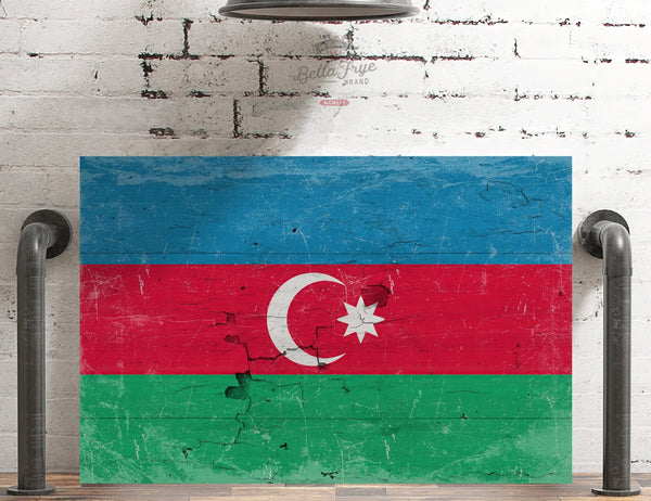 Bella Frye Azerbaijan Flag Wall Art - Vintage Azerbaijan Flag Sign Weathered Wood Style on Canvas