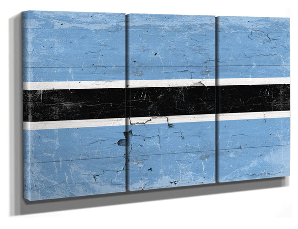 Bella Frye 36" x 24" / 3 Panel Canvas Wrap Botswana Flag Wall Art - Vintage Botswana Flag Sign Weathered Wood Style on Canvas