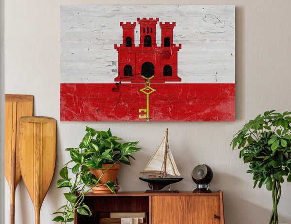 Bella Frye Gibraltar Flag Wall Art - Vintage Gibraltar Flag Sign Weathered Wood Style on Canvas