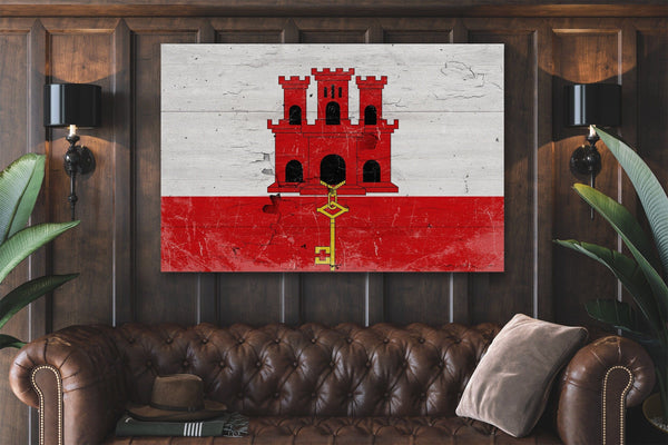 Bella Frye Gibraltar Flag Wall Art - Vintage Gibraltar Flag Sign Weathered Wood Style on Canvas