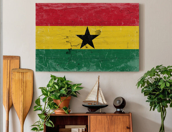 Bella Frye Ghana Flag Wall Art - Vintage Ghana Flag Sign Weathered Wood Style on Canvas