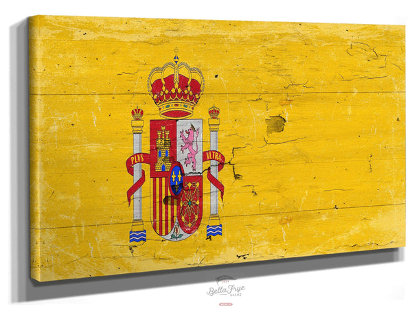 Bella Frye Spain Flag Wall Art - Vintage Spain Flag Sign Weathered Wood Style on Canvas