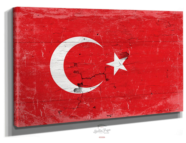 Bella Frye Turkey Flag Wall Art - Vintage Turkey Flag Sign Weathered Wood Style on Canvas