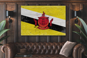 Bella Frye Brunei Flag Wall Art - Vintage Brunei Flag Sign Weathered Wood Style on Canvas