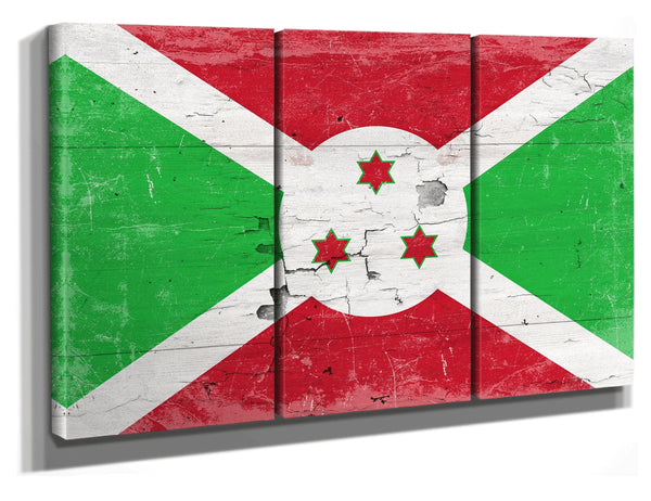 Bella Frye 36" x 24" / 3 Panel Canvas Wrap Burundi Flag Wall Art - Vintage Burundi Flag Sign Weathered Wood Style on Canvas