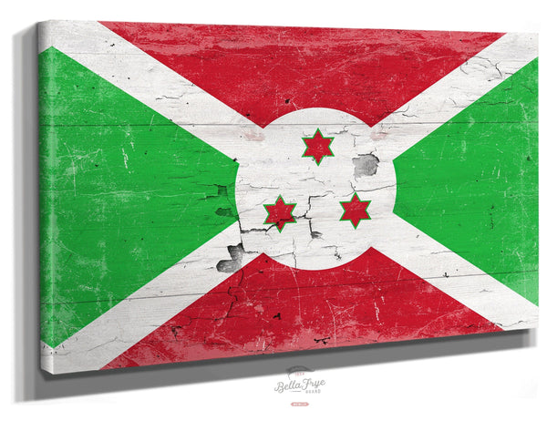 Bella Frye 14" x 11" / Stretched Canvas Wrap Burundi Flag Wall Art - Vintage Burundi Flag Sign Weathered Wood Style on Canvas