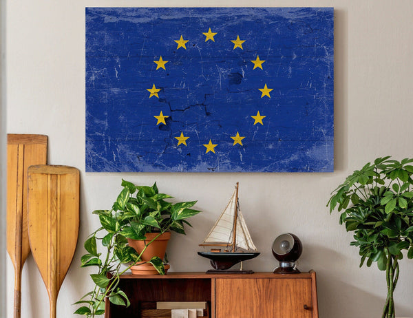 Bella Frye Europe Flag Wall Art - Vintage Europe Flag Sign Weathered Wood Style on Canvas