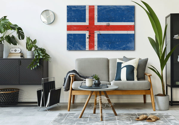 Bella Frye Iceland Flag Wall Art - Vintage Iceland Flag Sign Weathered Wood Style on Canvas