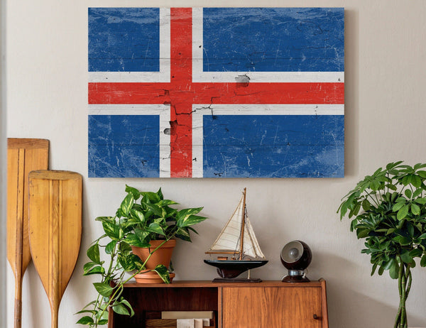 Bella Frye Iceland Flag Wall Art - Vintage Iceland Flag Sign Weathered Wood Style on Canvas