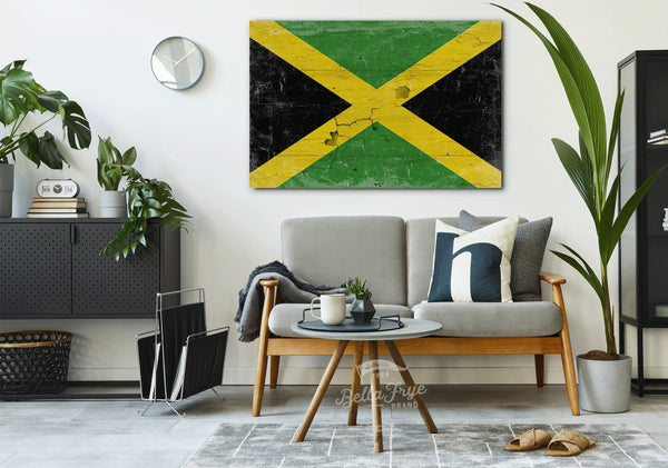 Bella Frye Jamaica Flag Wall Art - Vintage Jamaica Flag Sign Weathered Wood Style on Canvas