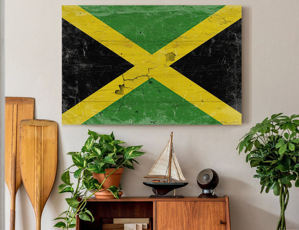 Bella Frye Jamaica Flag Wall Art - Vintage Jamaica Flag Sign Weathered Wood Style on Canvas