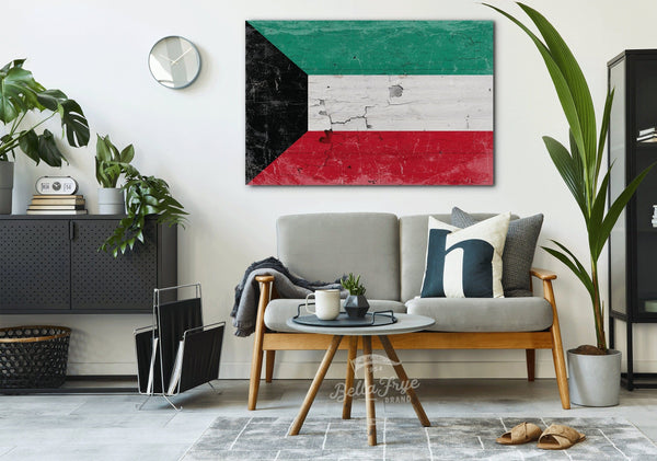 Bella Frye Kuwait Flag Wall Art - Vintage Kuwait Flag Sign Weathered Wood Style on Canvas