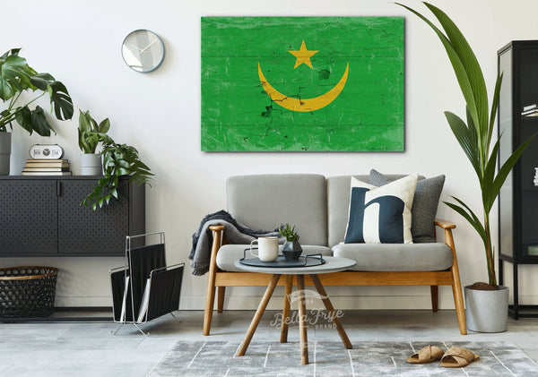 Bella Frye Mauritania Flag Wall Art - Vintage Mauritania Flag Sign Weathered Wood Style on Canvas