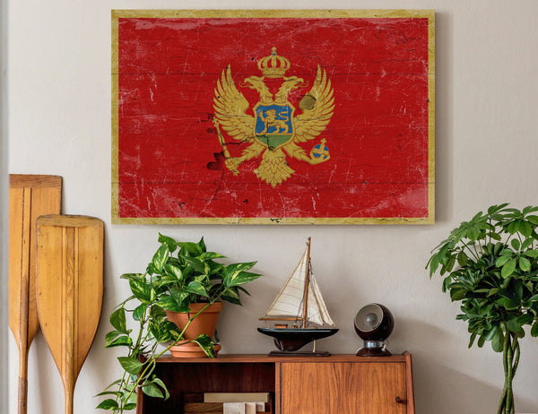 Bella Frye Montenegro Flag Wall Art - Vintage Montenegro Flag Sign Weathered Wood Style on Canvas