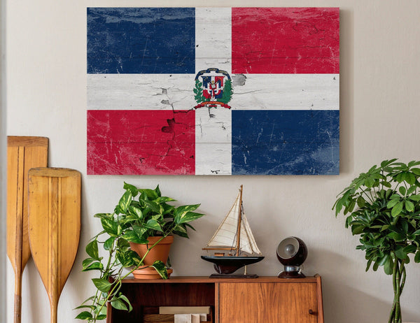 Bella Frye Dominican Republic Flag Wall Art - Vintage Dominican Republic Flag Sign Weathered Wood Style on Canvas