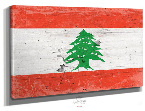 Bella Frye Lebanon Flag Wall Art - Vintage Lebanon Flag Sign Weathered Wood Style on Canvas