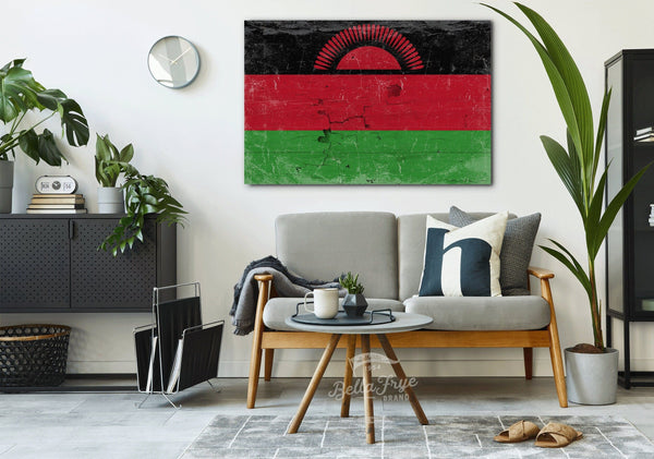 Bella Frye Malawi Flag Wall Art - Vintage Malawi Flag Sign Weathered Wood Style on Canvas