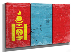 Bella Frye Mongolia Flag Wall Art - Vintage Mongolia Flag Sign Weathered Wood Style on Canvas