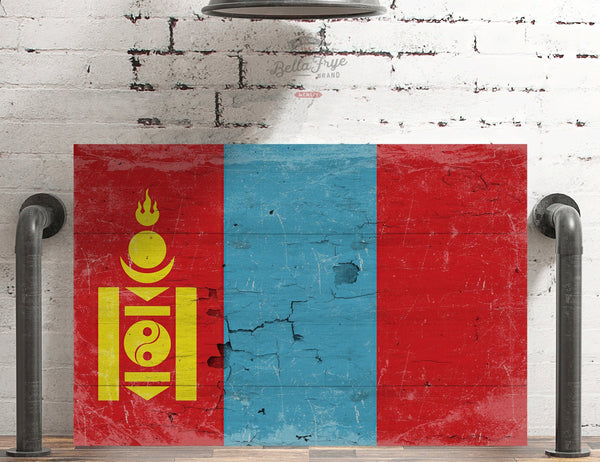 Bella Frye Mongolia Flag Wall Art - Vintage Mongolia Flag Sign Weathered Wood Style on Canvas