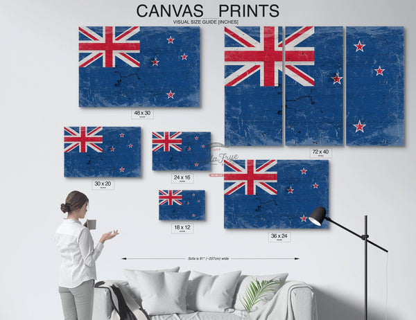 Bella Frye New Zealand Flag Wall Art - Vintage New Zealand Flag Sign Weathered Wood Style on Canvas