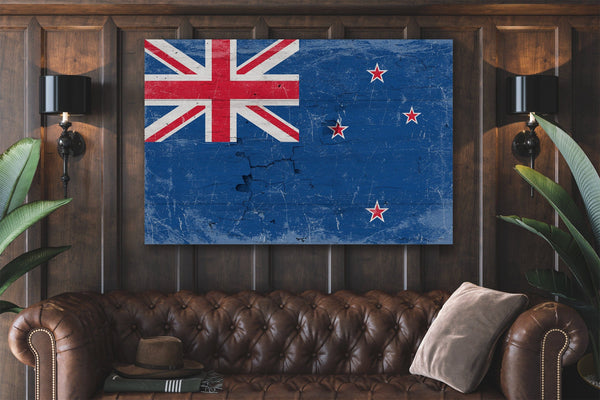 Bella Frye New Zealand Flag Wall Art - Vintage New Zealand Flag Sign Weathered Wood Style on Canvas