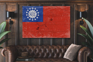 Bella Frye Myanmar Flag Wall Art - Vintage Myanmar Flag Sign Weathered Wood Style on Canvas