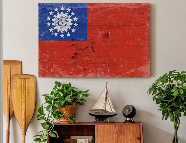 Bella Frye Myanmar Flag Wall Art - Vintage Myanmar Flag Sign Weathered Wood Style on Canvas