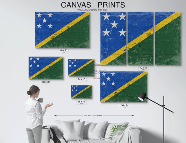 Bella Frye Solomon Islands Flag Wall Art - Vintage Solomon Islands Flag Sign Weathered Wood Style on Canvas