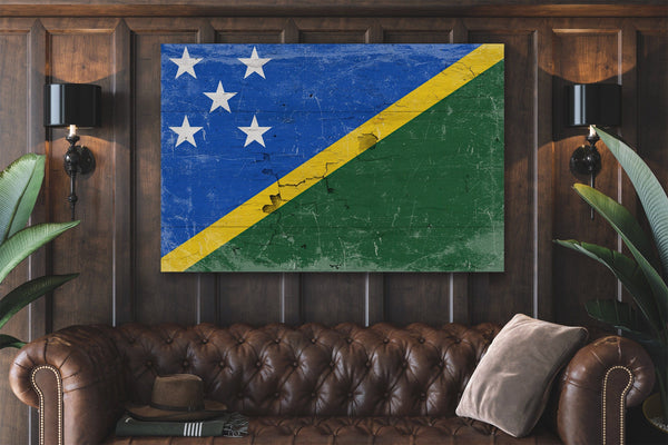 Bella Frye Solomon Islands Flag Wall Art - Vintage Solomon Islands Flag Sign Weathered Wood Style on Canvas