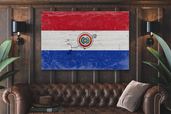 Bella Frye Paraguay Flag Wall Art - Vintage Paraguay Flag Sign Weathered Wood Style on Canvas