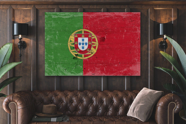 Bella Frye Portugal Flag Wall Art - Vintage Portugal Flag Sign Weathered Wood Style on Canvas