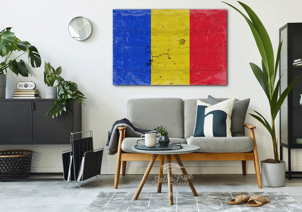 Bella Frye Romania Flag Wall Art - Vintage Romania Flag Sign Weathered Wood Style on Canvas