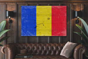 Bella Frye Romania Flag Wall Art - Vintage Romania Flag Sign Weathered Wood Style on Canvas