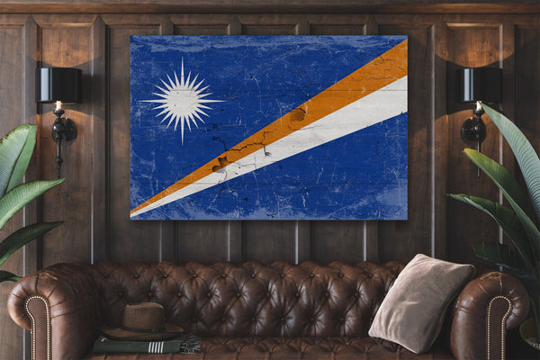 Bella Frye Marshall Islands Flag Wall Art - Vintage Marshall Islands Flag Sign Weathered Wood Style on Canvas