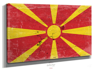 Bella Frye North Macedonia Flag Wall Art - Vintage North Macedonia Flag Sign Weathered Wood Style on Canvas