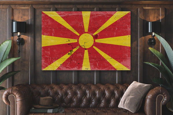 Bella Frye North Macedonia Flag Wall Art - Vintage North Macedonia Flag Sign Weathered Wood Style on Canvas