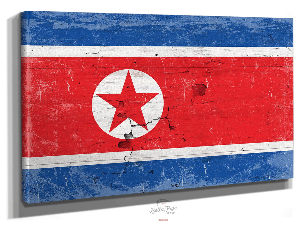 Bella Frye North Korea Flag Wall Art - Vintage North Korea Flag Sign Weathered Wood Style on Canvas