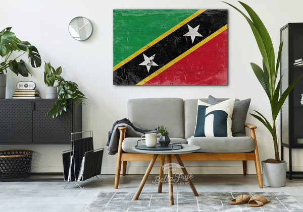 Bella Frye Saint Kitts and Nevis Flag Wall Art - Vintage Saint Kitts and Nevis Flag Sign Weathered Wood Style on Canvas