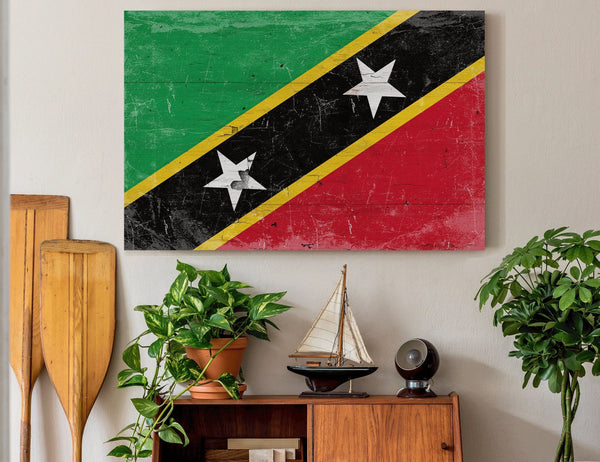 Bella Frye Saint Kitts and Nevis Flag Wall Art - Vintage Saint Kitts and Nevis Flag Sign Weathered Wood Style on Canvas